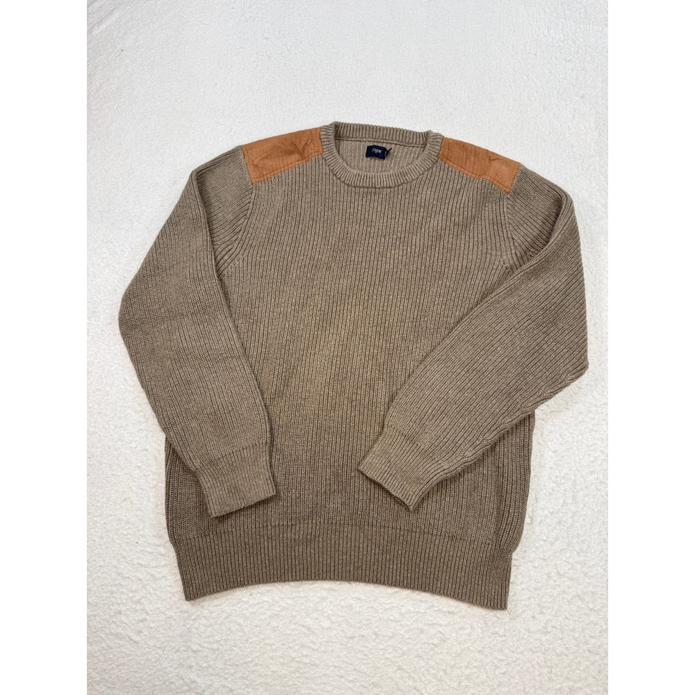 J.Crew Mens XL Ribbed Crewneck Sweater Olive Brown Suede Shoulder Patches